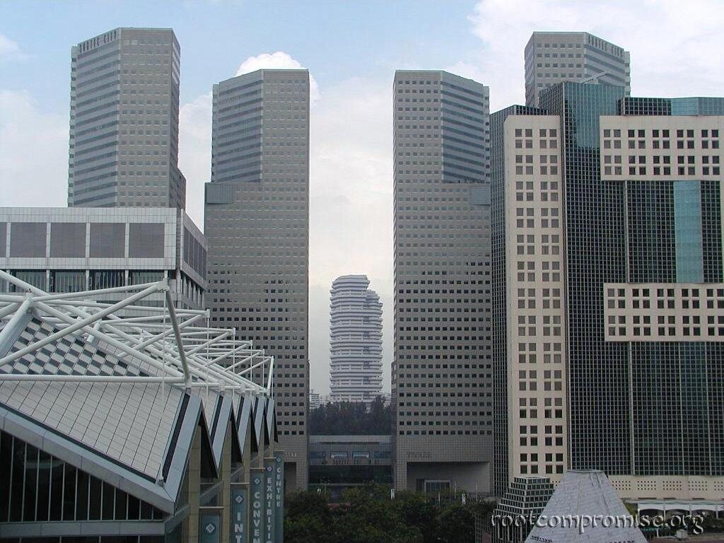Straight ahead.  These building are supposed to look like a hand from space.  See the fingers, the thumb is further away and in