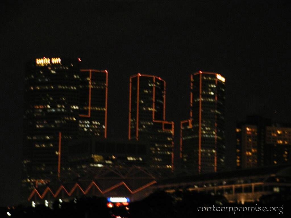 The finger looking buildings at night.